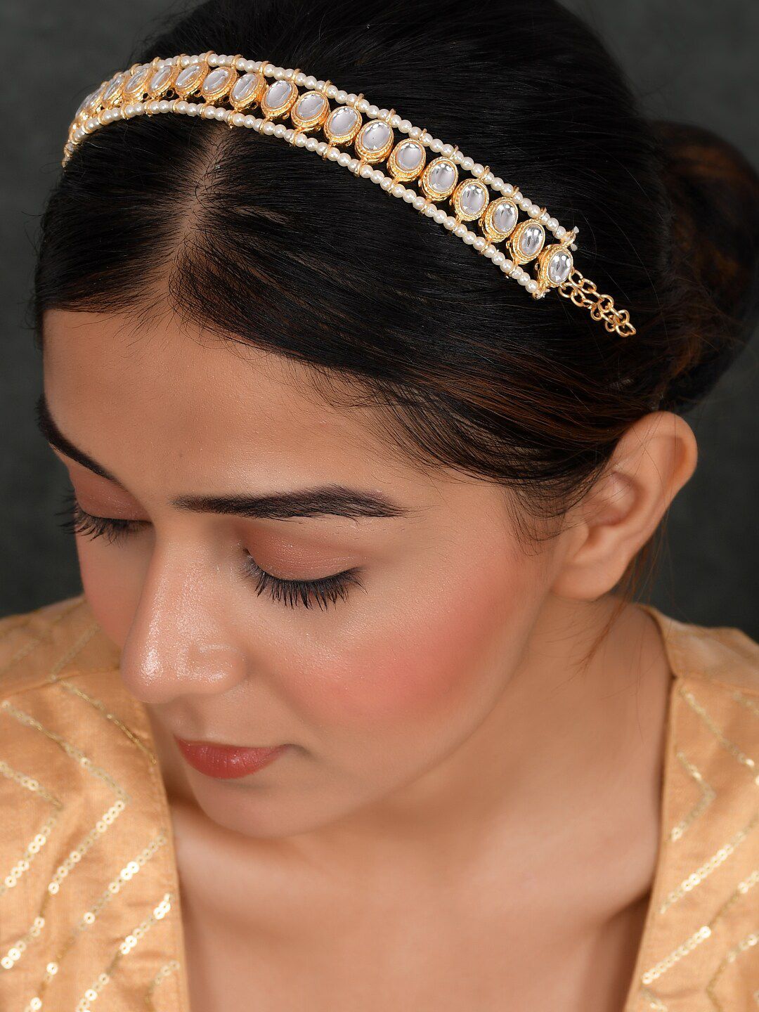 AQUASTREET JEWELS Gold-Plated White Kundan Studded & Beaded Matha Patti