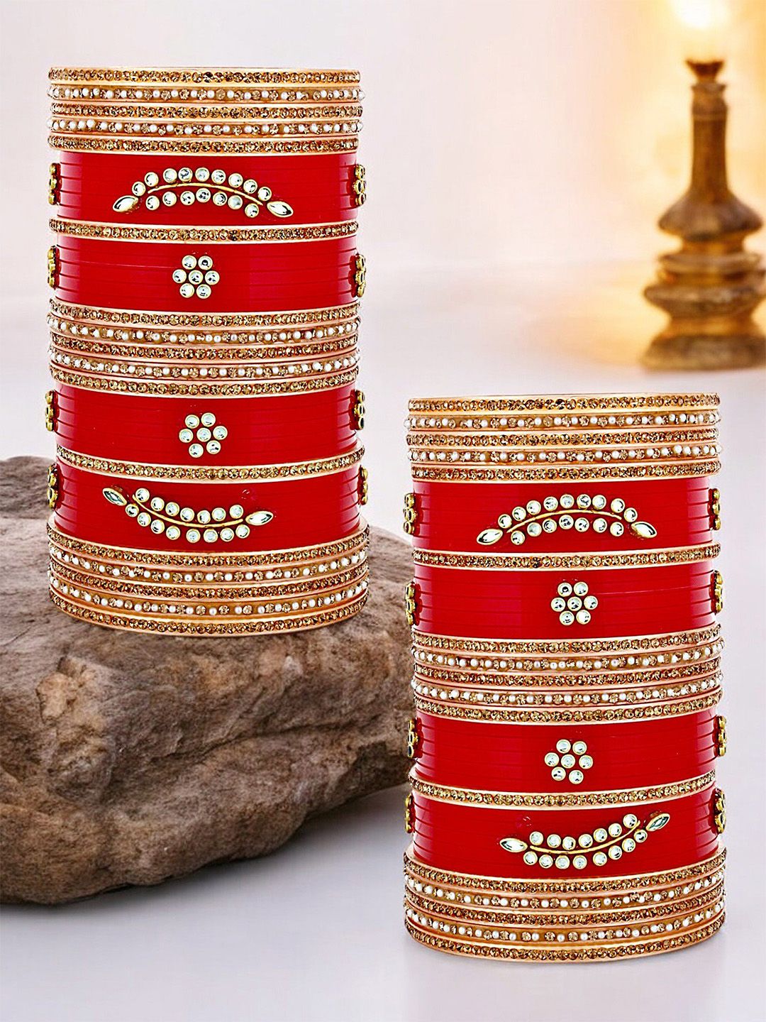 LUCKY JEWELLERY Red Kundan Stone-Studded Punjabi Chura Bridal Wedding Bangle Set