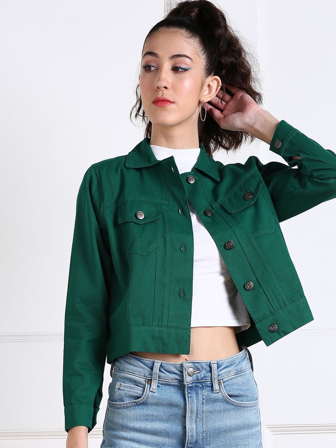 MONTREZ Women Green Crop Denim Jacket