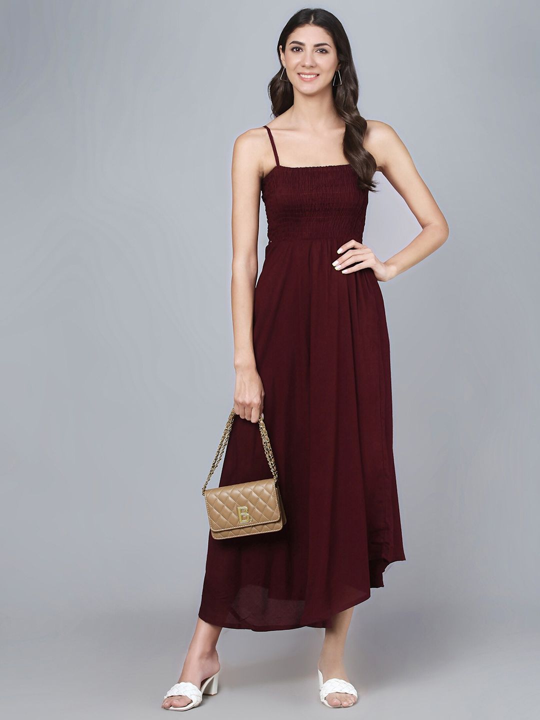 Vastralay Women Burgundy Solid Fit and Flare Midi Dress