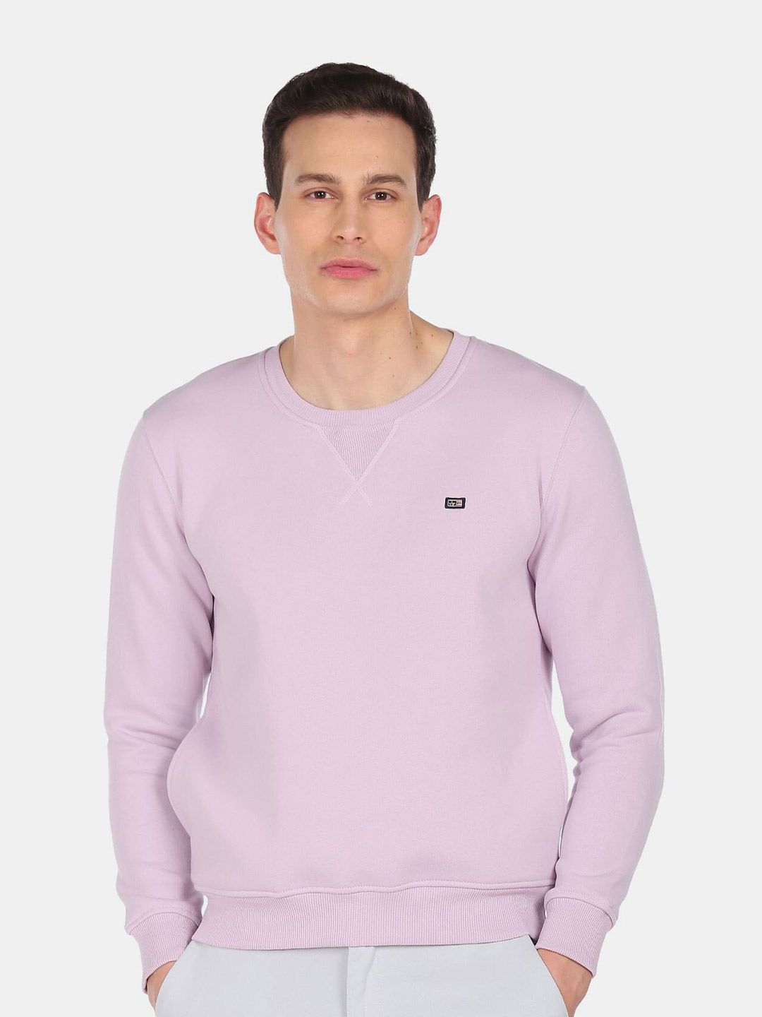 Arrow Sport Men Purple Solid Crew Neck Sweatshirt