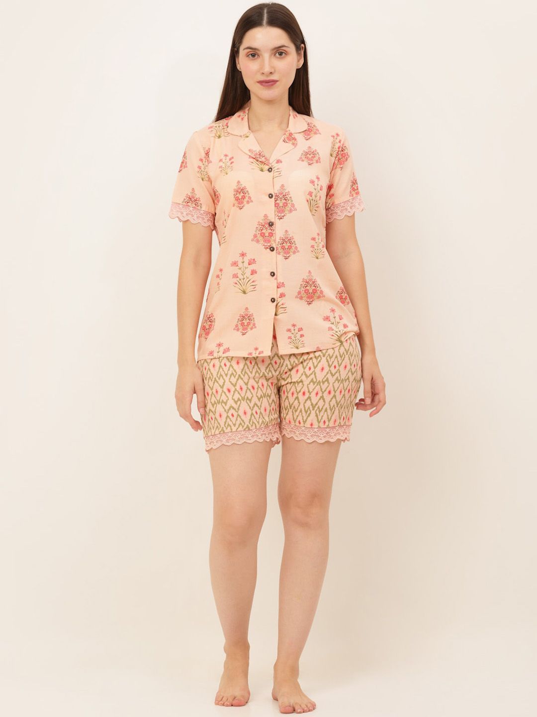 Laado - Pamper Yourself Women Peach-Coloured & Green Printed Night suit