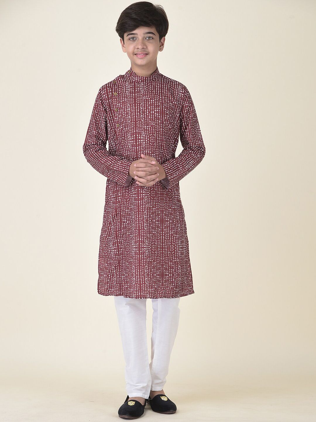 TABARD Boys Maroon Angrakha Pure Cotton Kurti with Pyjamas