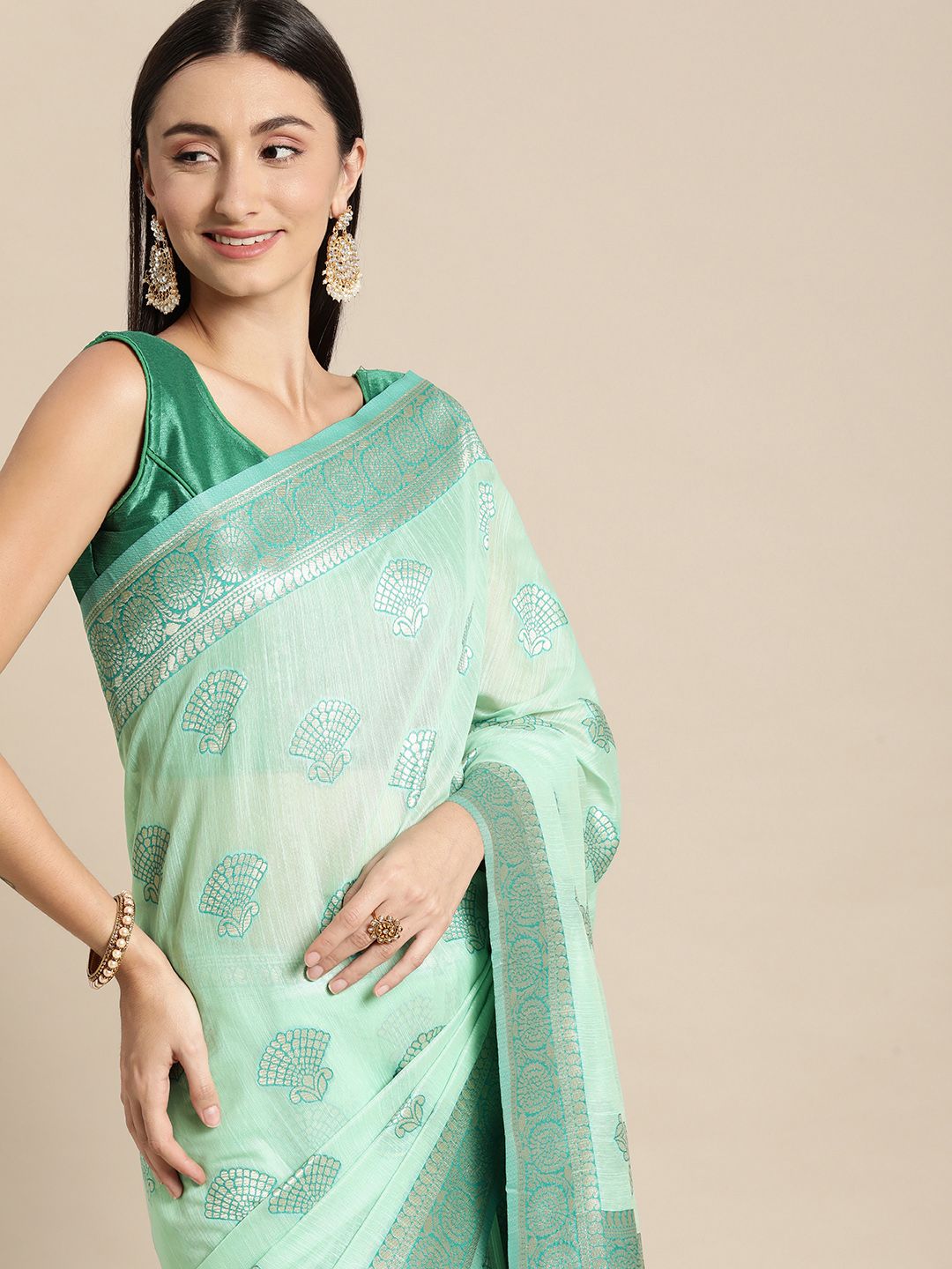 Mitera Green Floral Silk Blend Banarasi Saree