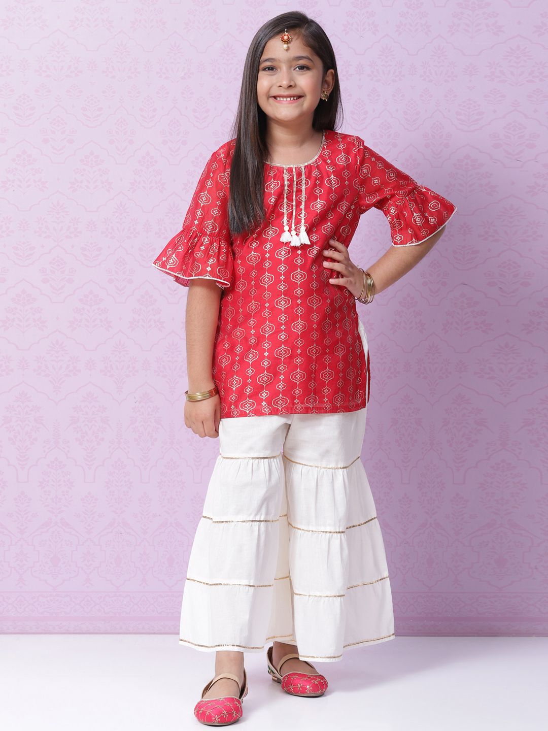 Biba Girls Red & Off-White Ethnic Motifs Printed Kurta with Sharara