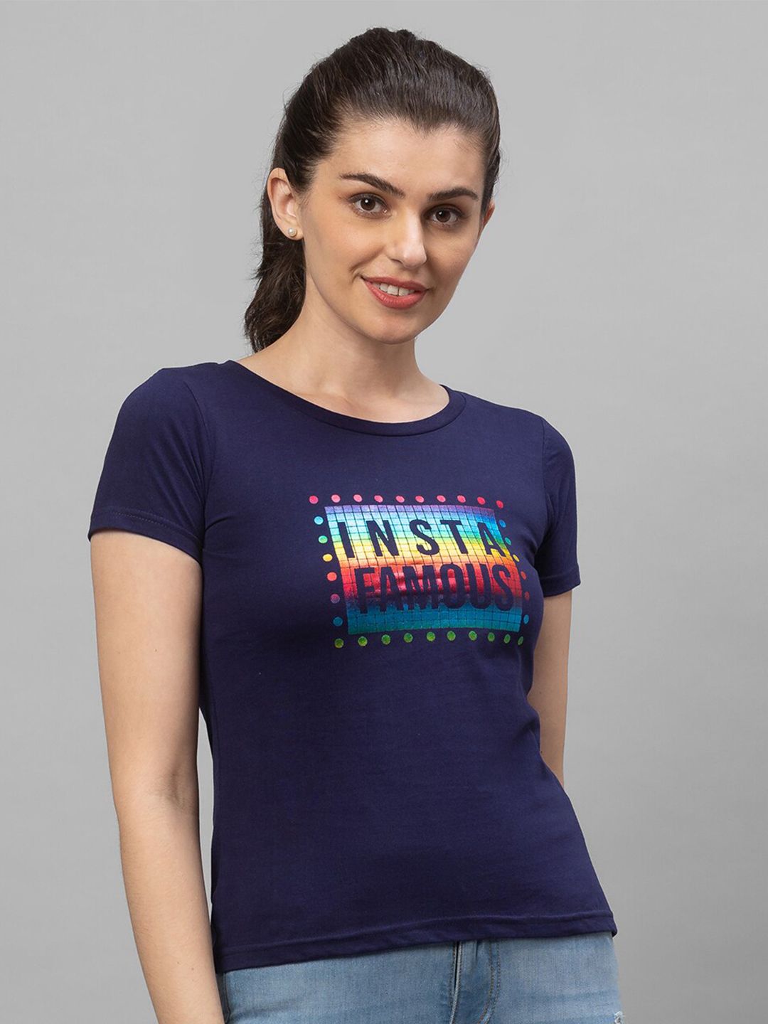 Globus Women Navy Blue Typography Printed Cotton T-shirt