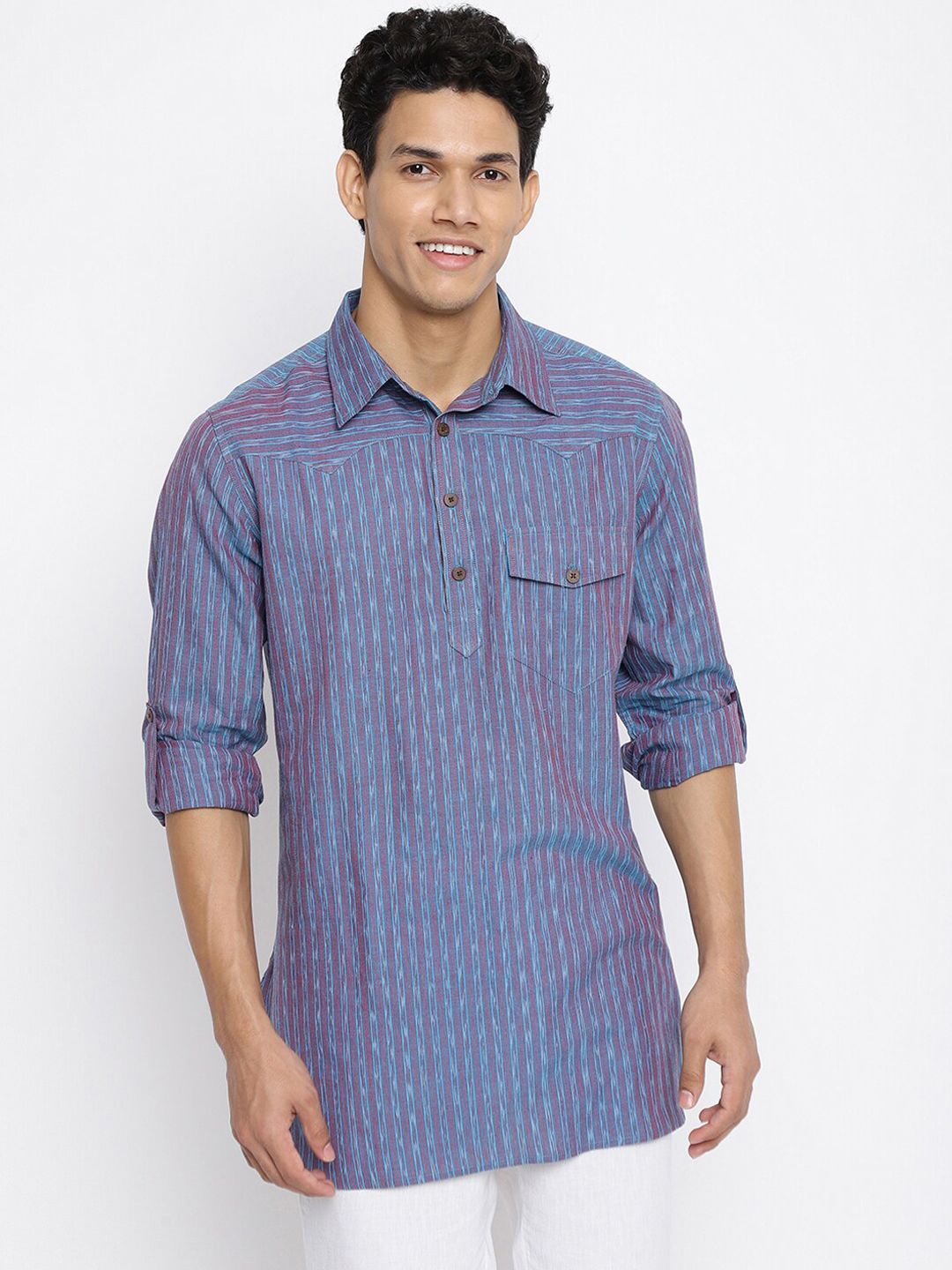 Fabindia Men Blue Striped Short Kurta