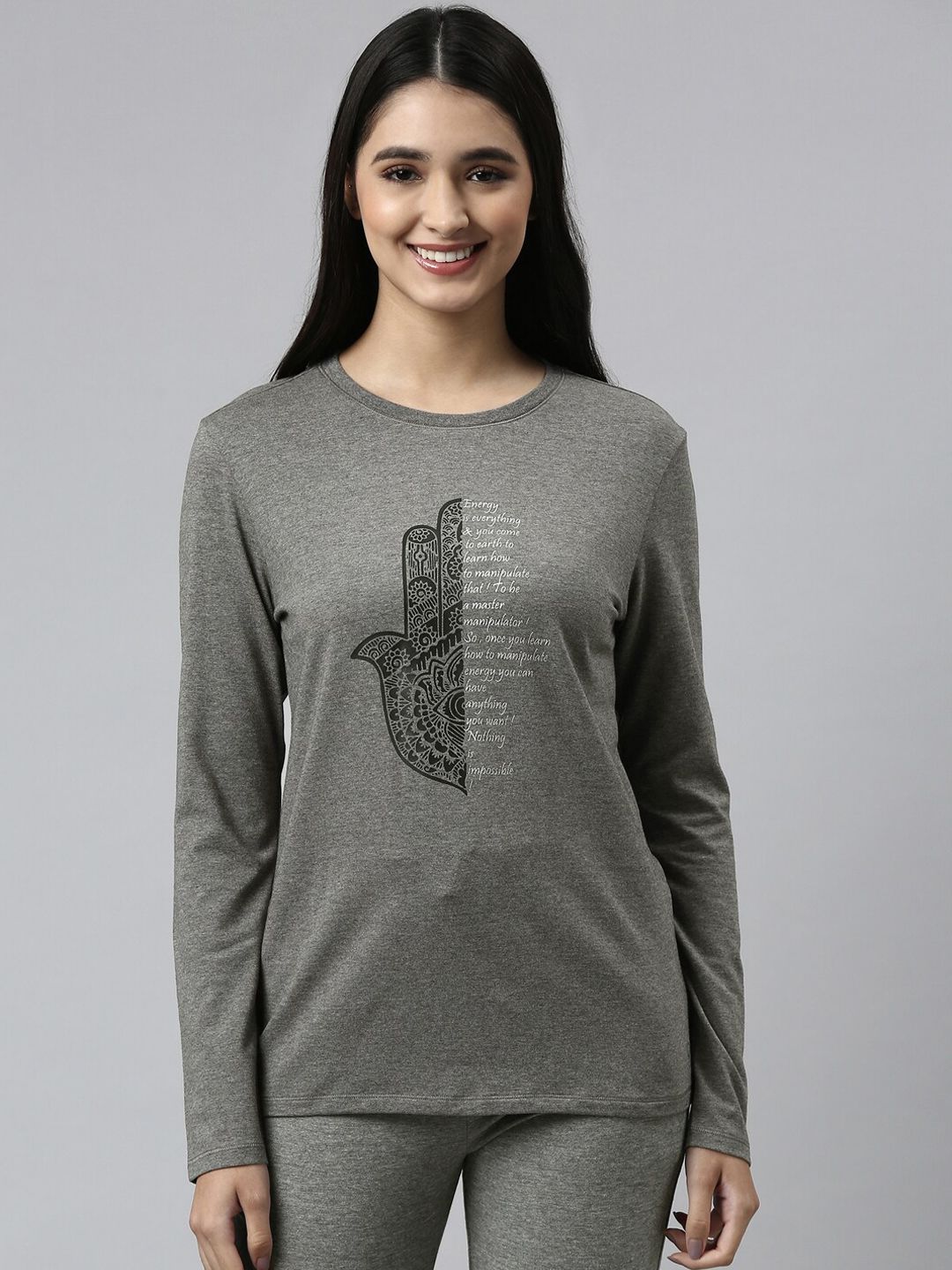 Enamor E157 Basic Crew Neck Stretch Cotton Tee for Women with Graphic Print & Long Sleeves