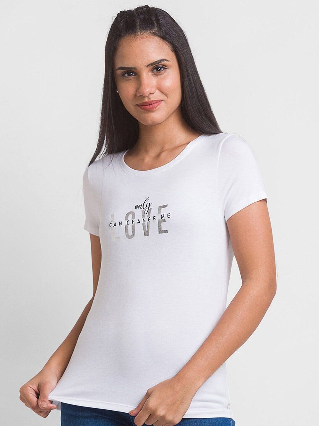 SPYKAR Women White Typography Print T-shirt