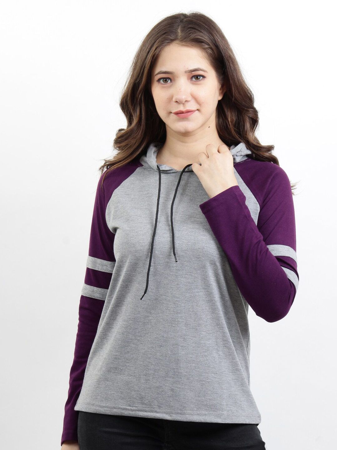 BASE 41 Women Purple & Grey Colourblocked Regular Fit T-shirt