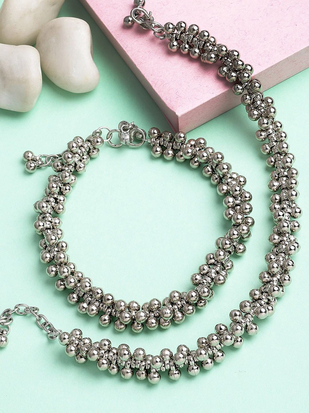 Buy KARATCAR Set Of 2 Silver Plated Silver Toned  Beaded Anklets -  - Accessories for Women