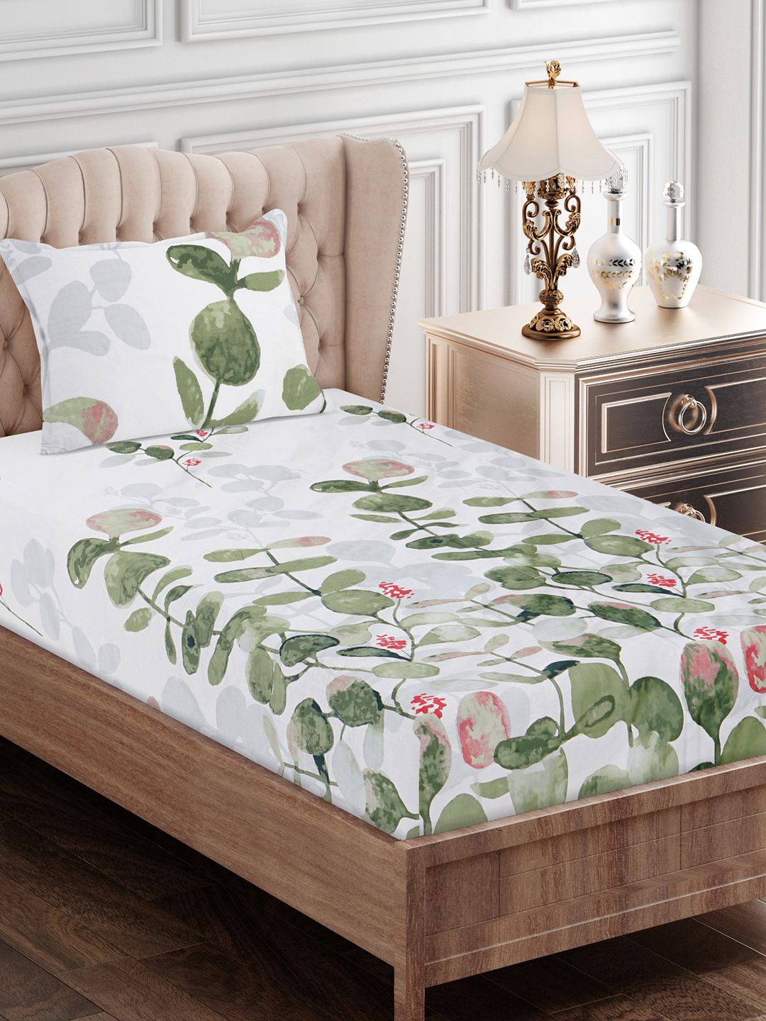 Buy SEJ By Nisha Gupta Green Floral Cotton 210 TC Single Fine Bedsheet With A Pillow Cover 142.24 X 218.44 Cm -  - Home for Unisex