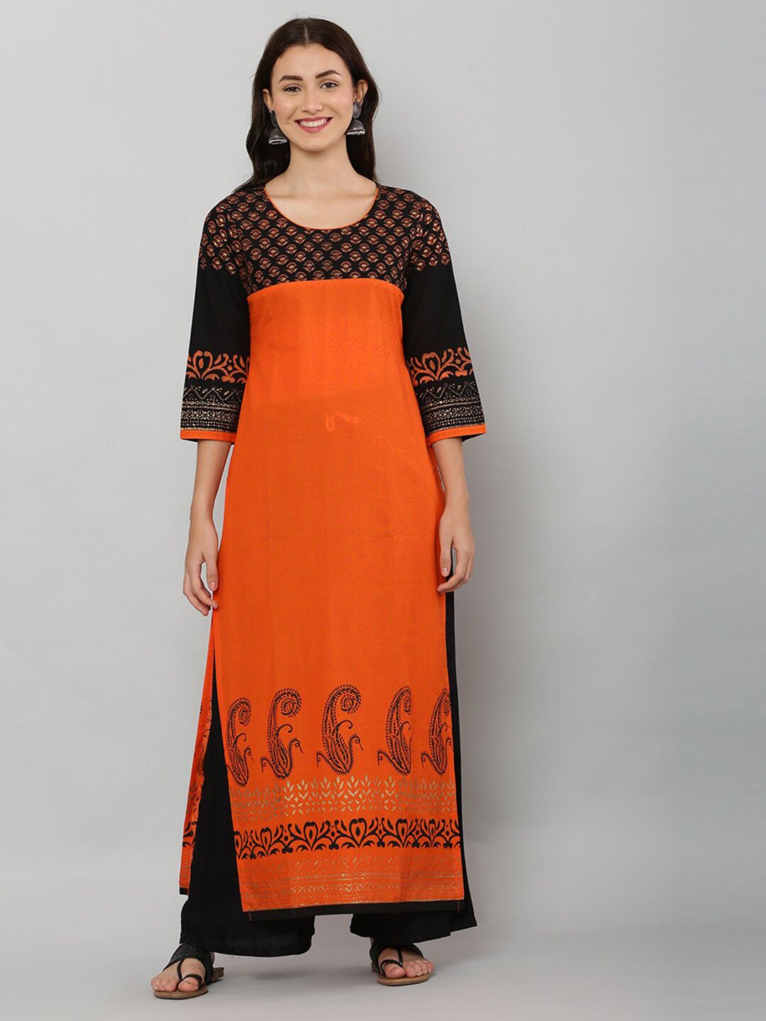 EZIS FASHION Women Orange & Black Ethnic Motifs Printed Cotton Kurta