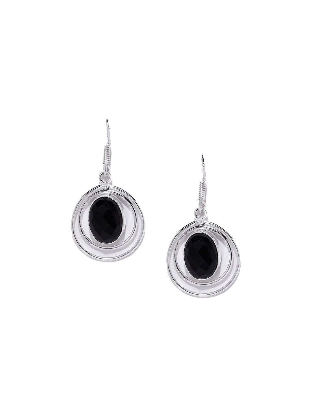 Bamboo Tree Jewels Silver-Toned & Black Circular Drop Earrings