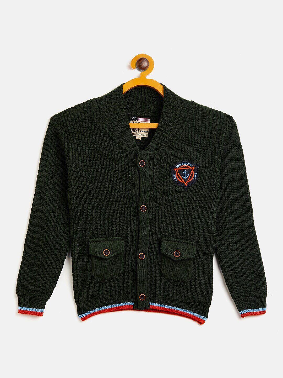 Duke Boys Olive Green & Red Solid Acrylic Cardigan