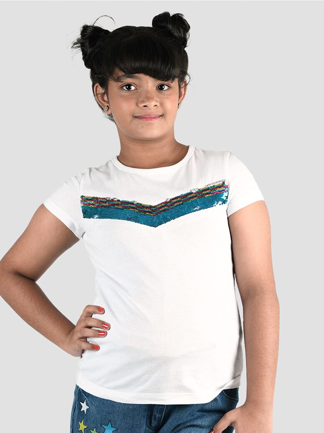 Zalio Girls White & Blue Pure Cotton T-shirt