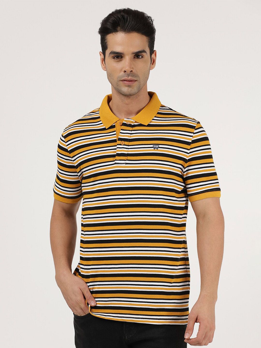 Wrangler Men Mustard Yellow & Black Striped Polo Collar Cotton T-shirt