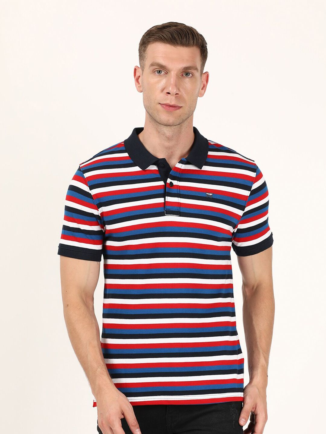 Wrangler Men Red & Blue Striped Polo Collar Cotton T-shirt
