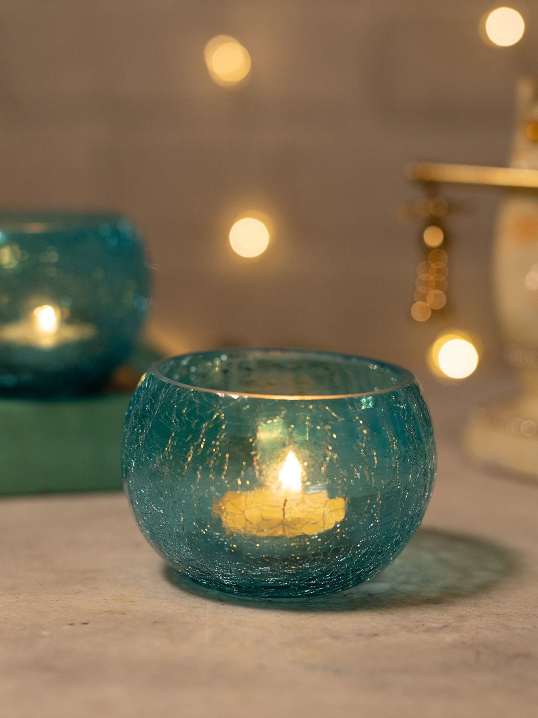 Homesake Set of 2 Turquoise Blue Self Design Tea Light Candle Holders