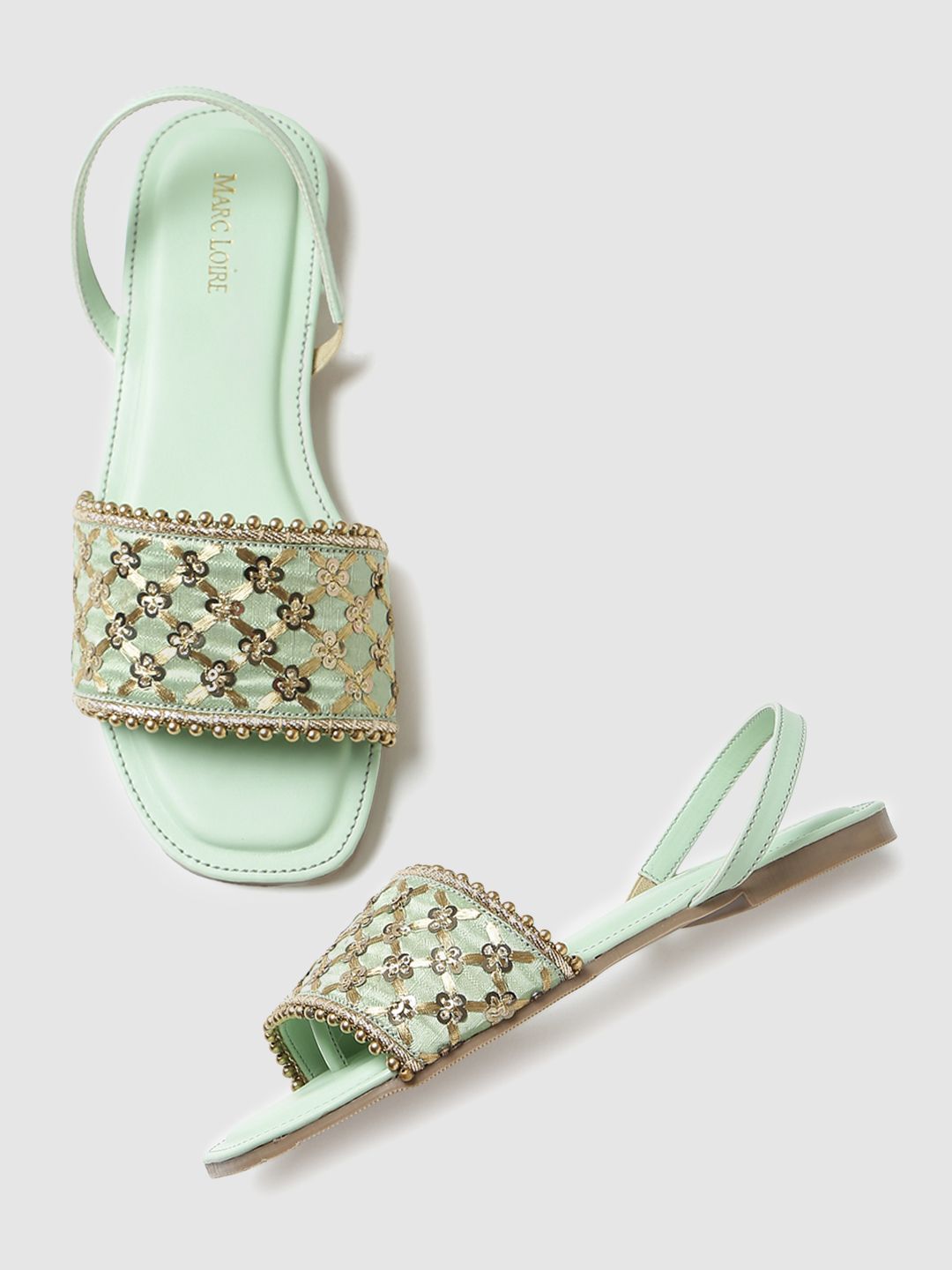 Marc Loire Women Green Embellished Ethnic Open Toe Flats