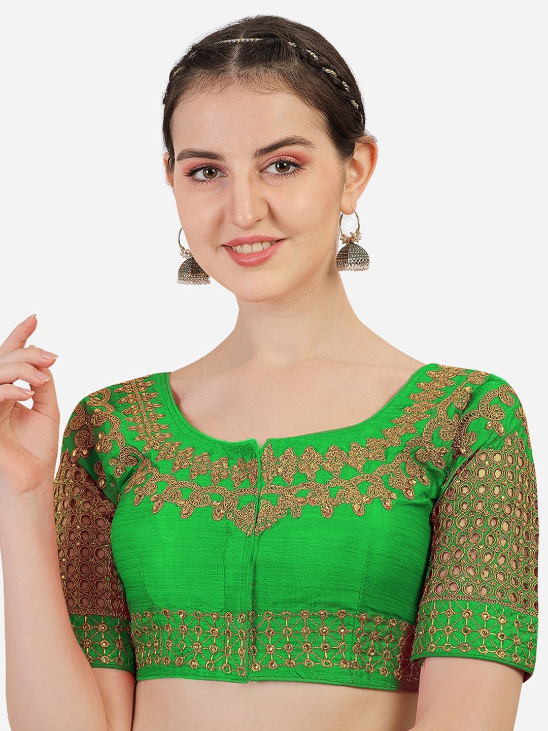 PUJIA MILLS Women Green Embroidered Readymade Saree Blouse