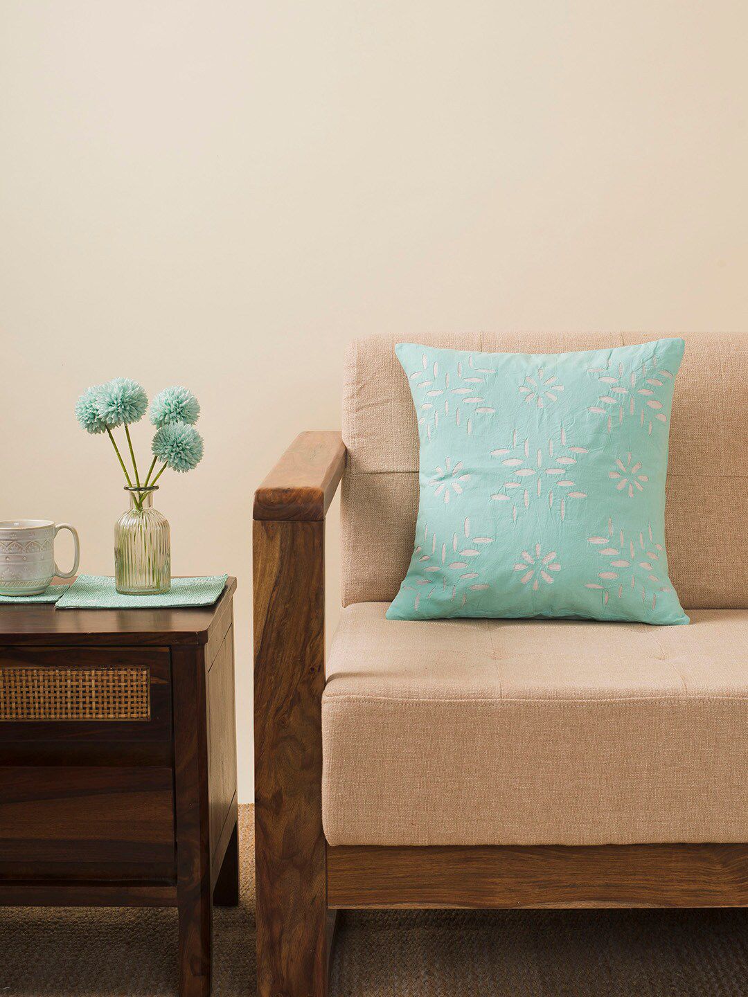 Fabindia Teal & White Square Cushion Covers