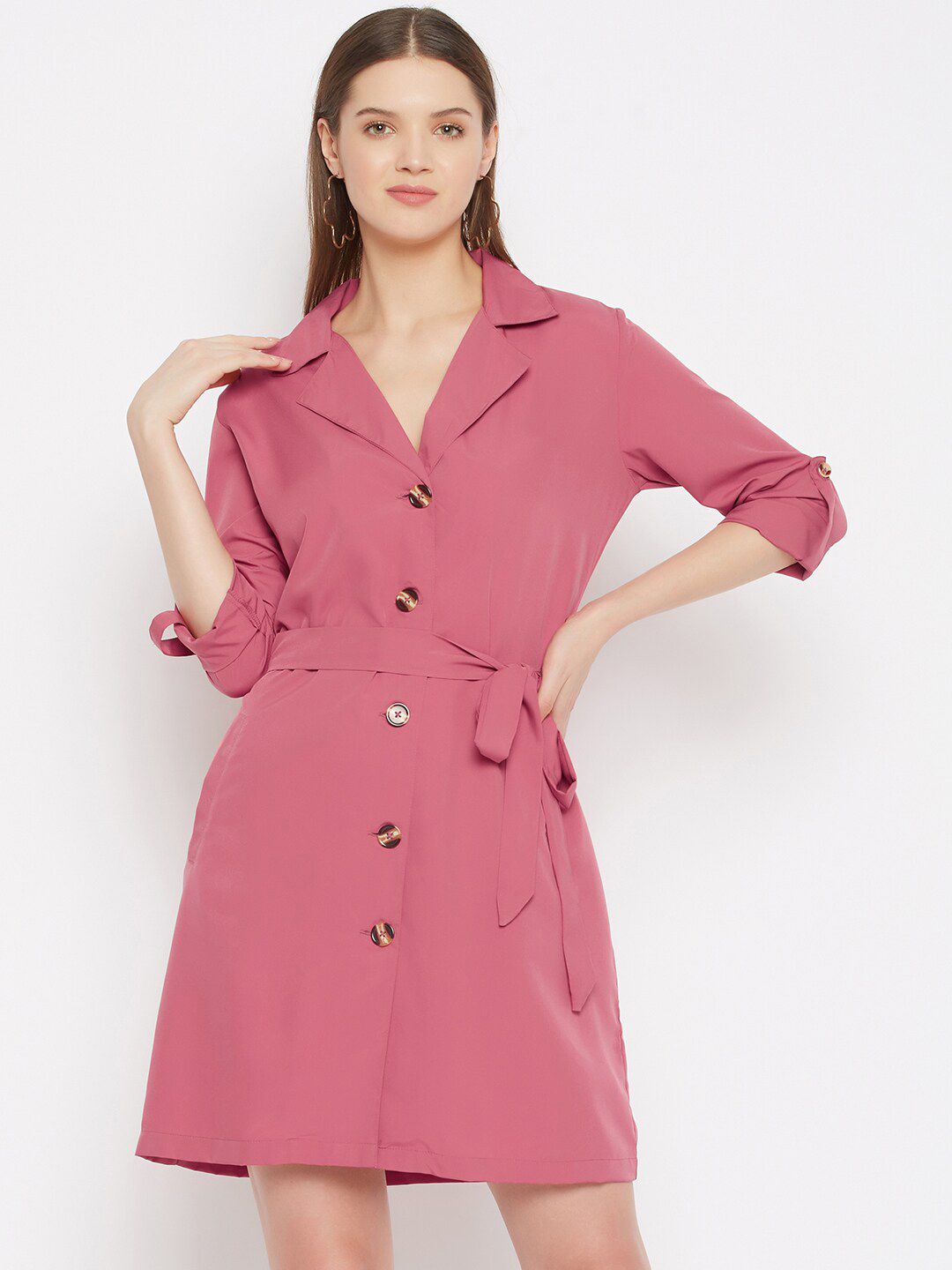Color Cocktail Women Pink Solid Cuffed Sleeves Shirt Dress