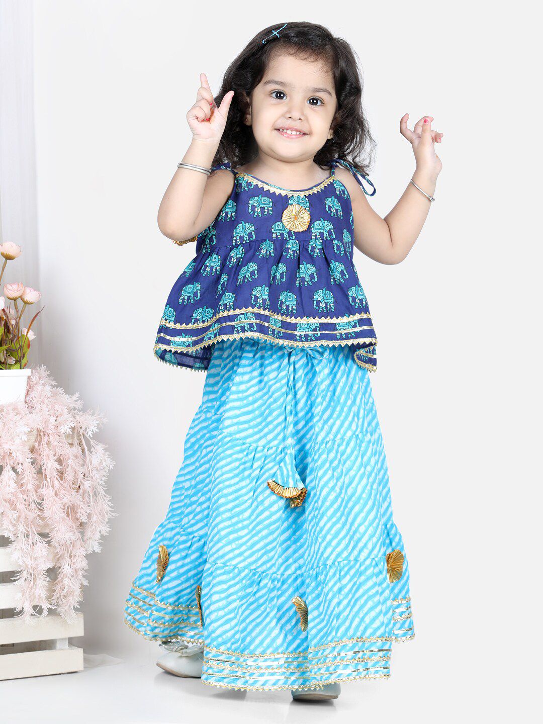 BownBee Girls Blue & White Printed Ready to Wear Lehenga Choli