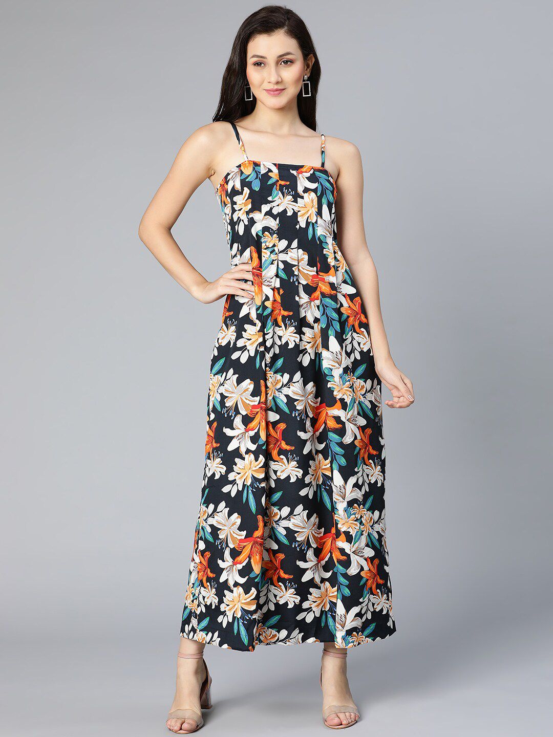 Oxolloxo Women Black Floral Layered Crepe Maxi Dress