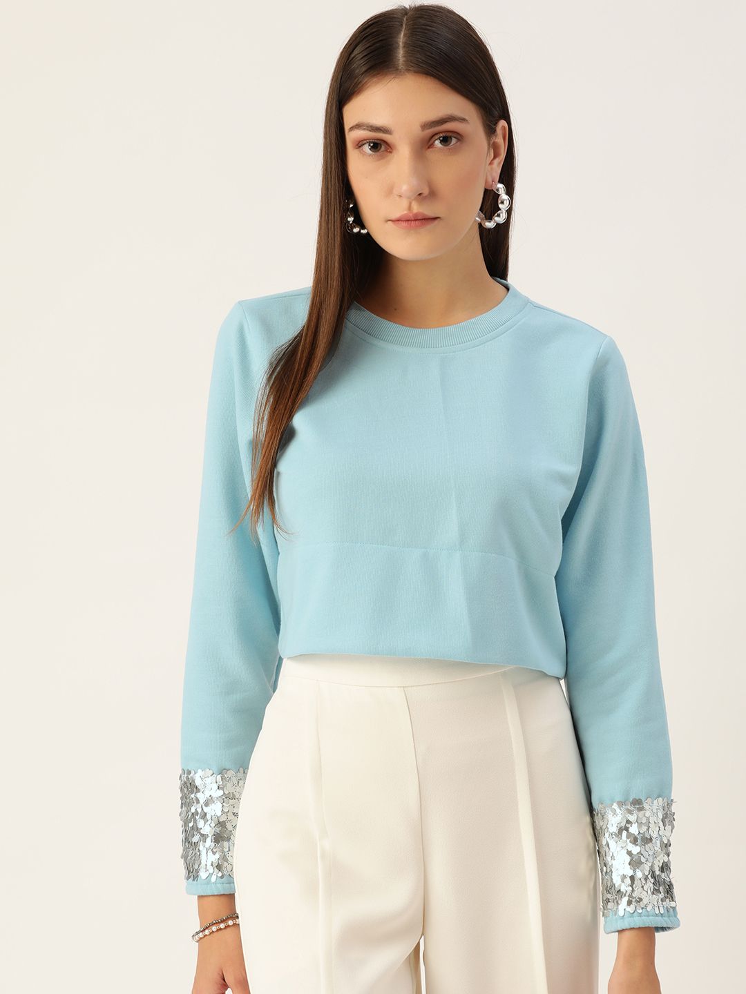 Antheaa Women Turquoise Blue Sweatshirt