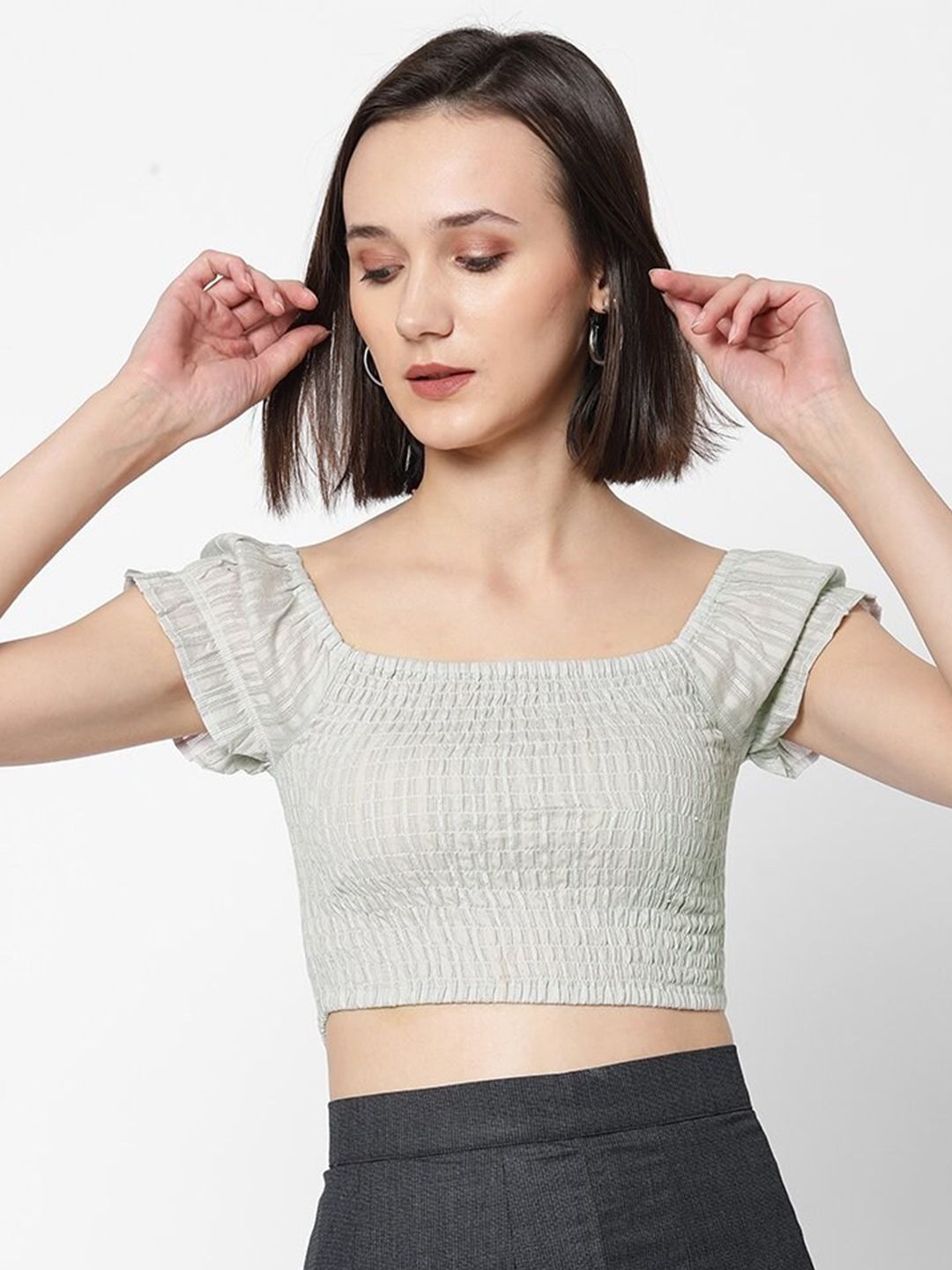 VASTRADO Smocked Dobby Striped Square Neck Puff Sleeves Crop Fitted Top