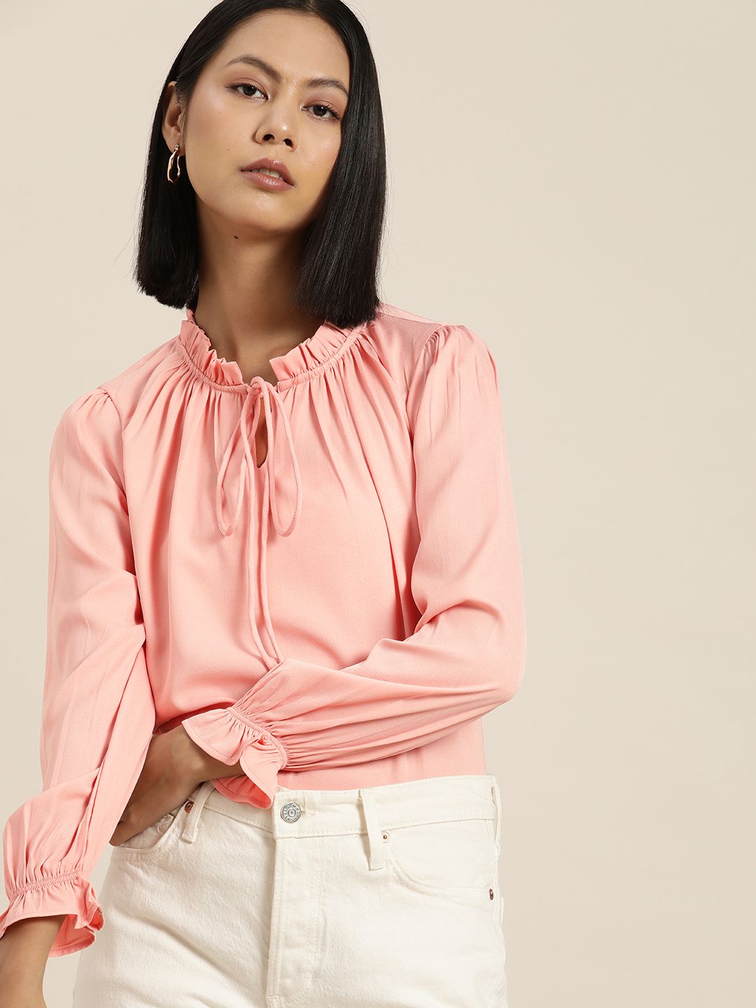 her by invictus Puff Sleeves Tie-Up Neck Top