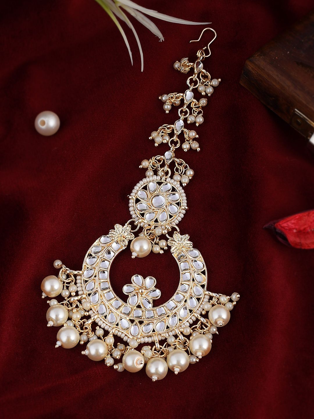 AQUASTREET JEWELS Women Gold-Toned & White Bridal MaangTikka