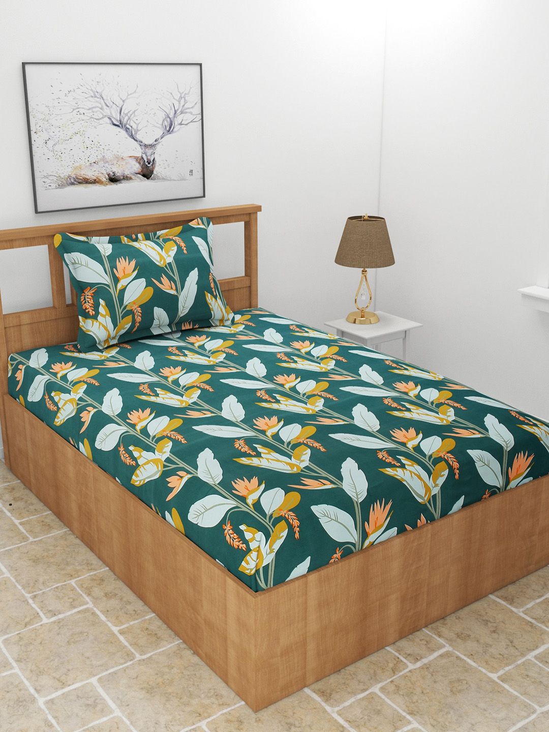 MORADO Green Floral Polycotton 210 TC Single Fine Bedsheet with a Pillow Cover-90 x 60 inches