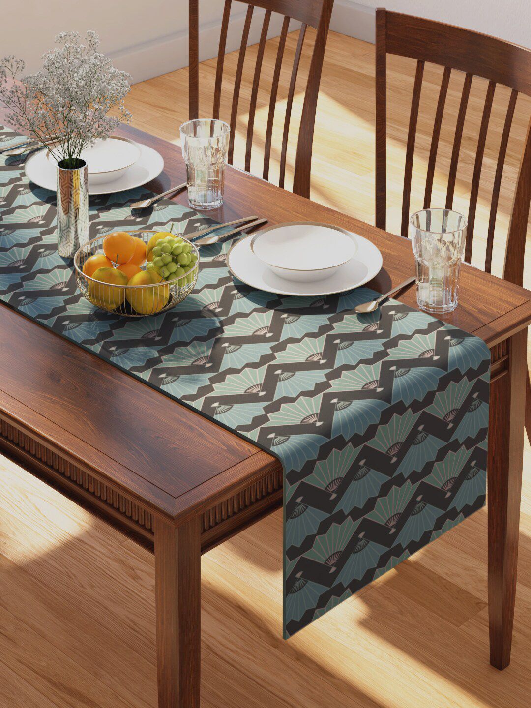 PETAL HOME Grey & Blue Printed Pure Cotton Rectangular Table Runner