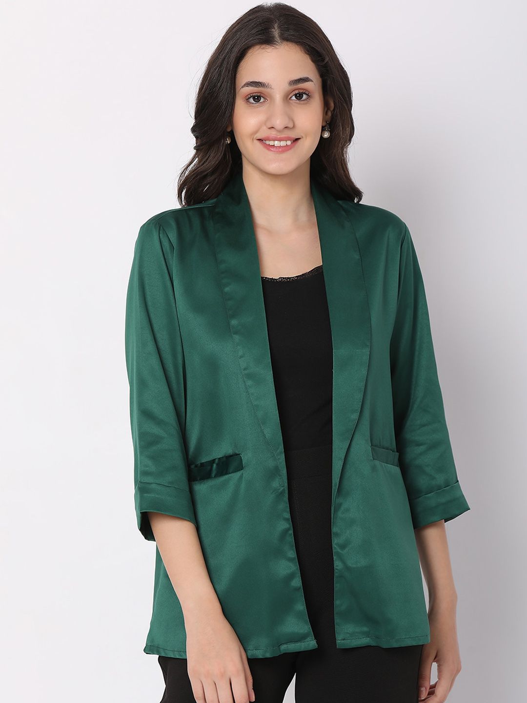 Smarty Pants Women Green Solid Silk Lightweight Open Front Jacket