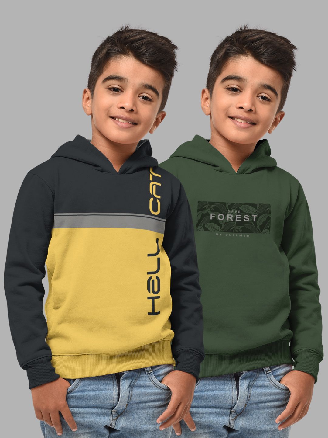 HELLCAT Boys Olive Green & Blue Pack Of 2 Printed Hooded Sweatshirt