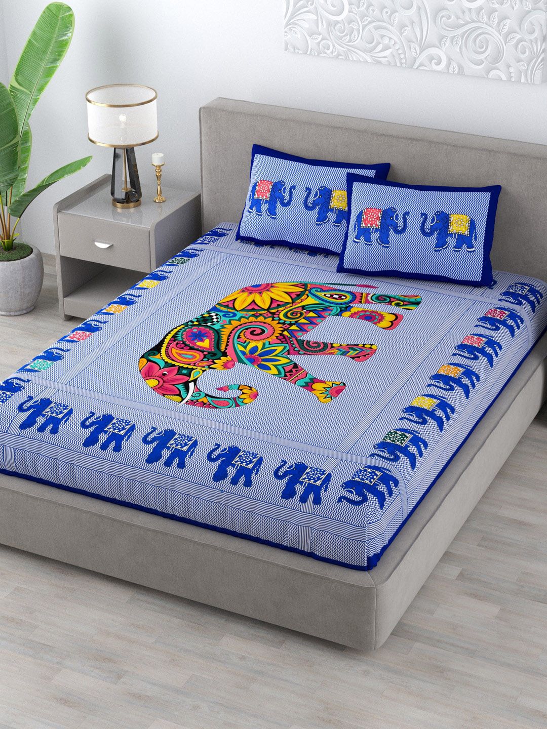 Varde Blue & Yellow Ethnic Motifs 120 TC Cotton Queen Bedsheet with 2 Pillow Covers