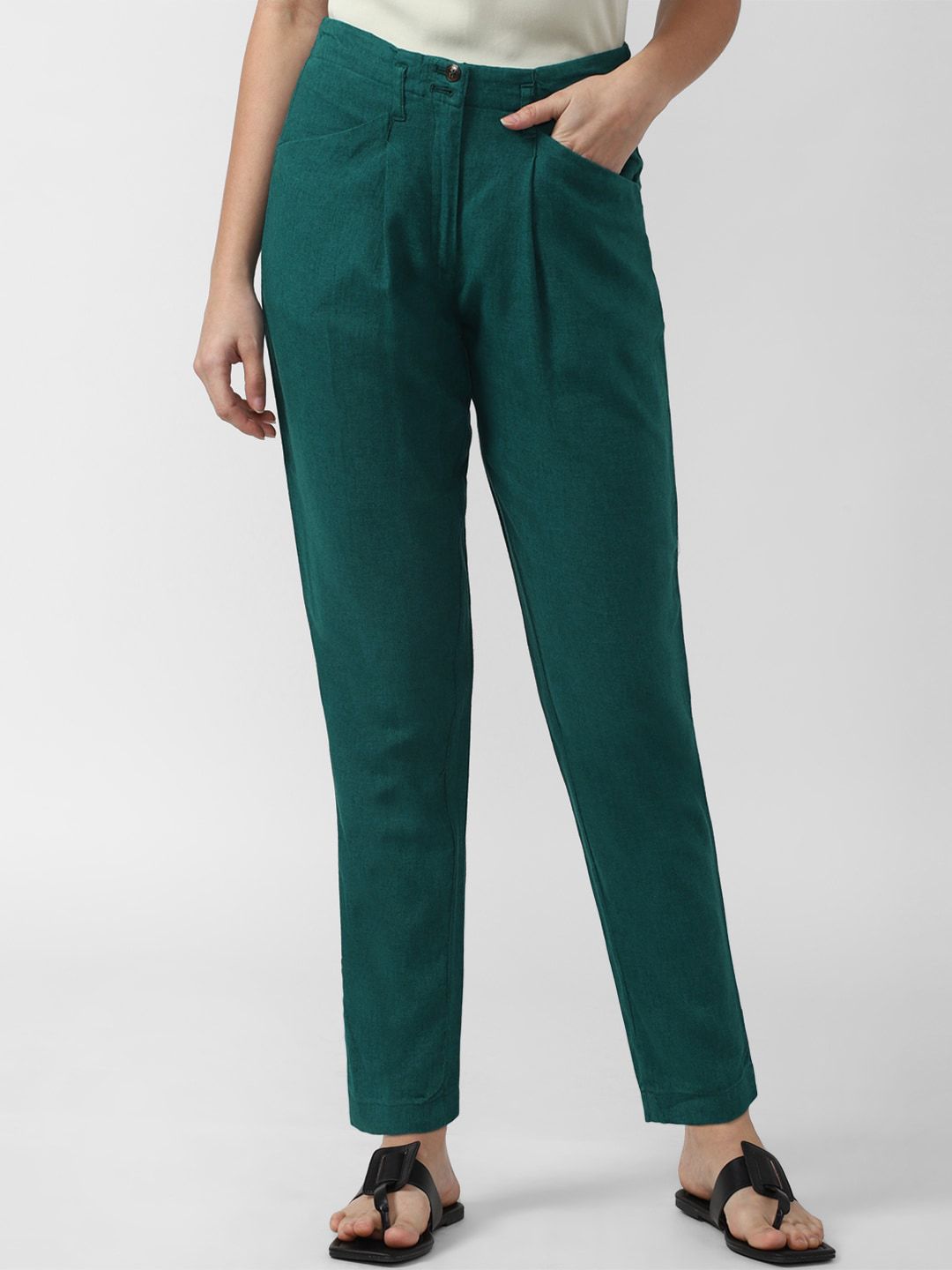 Van Heusen Woman Women Green Regular Fit Pleated Solid Trousers