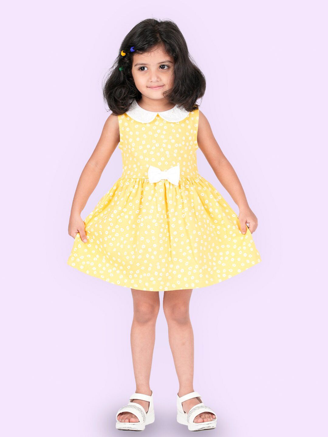 Zalio Girls Yellow & White Cotton Floral Peter Pan Collar Dress