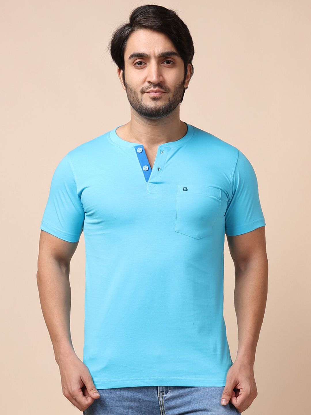 berry blues Men Turquoise Blue Henley Neck Cotton T-shirt