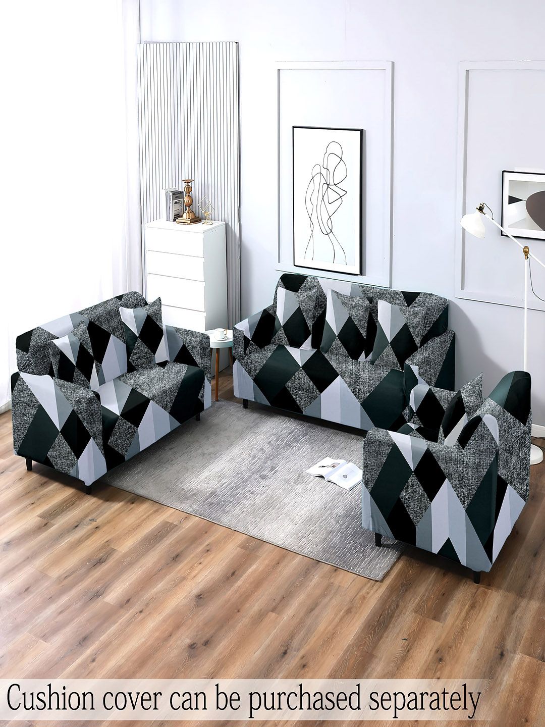Buy Cortina Non Slip & Stretchable Abstract Polyester 3PC Straight 5 Seater Sofa Cover 73x91In -  - Home for Unisex
