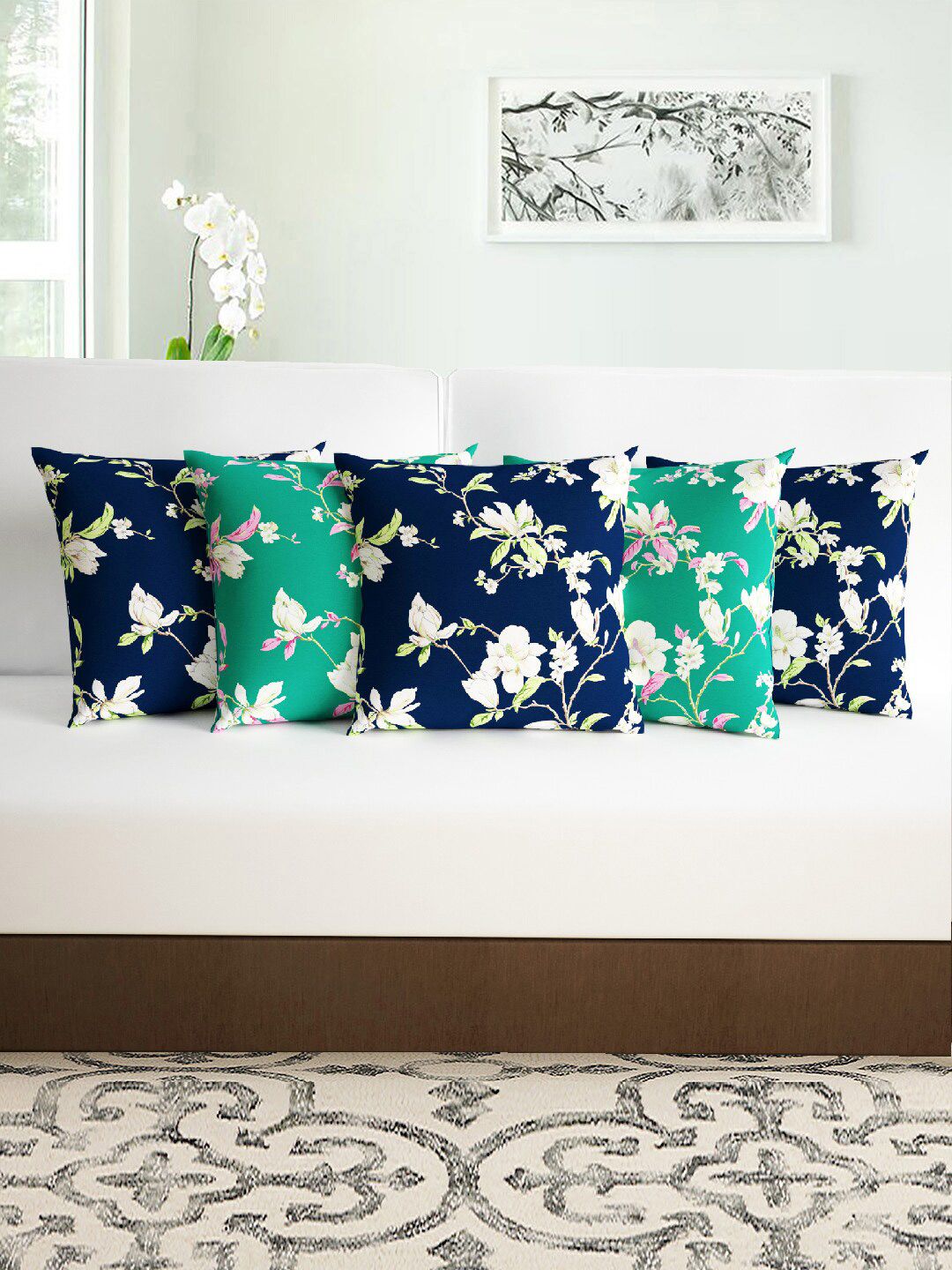Divine Casa Floral Polyester Anti-Wrinkle 5 Pcs Square Cushion Covers - 16 x 16 In