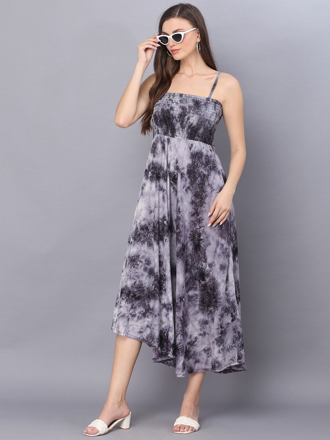 Vastralay Grey & Black Tie and Dye Dyed Midi Dress