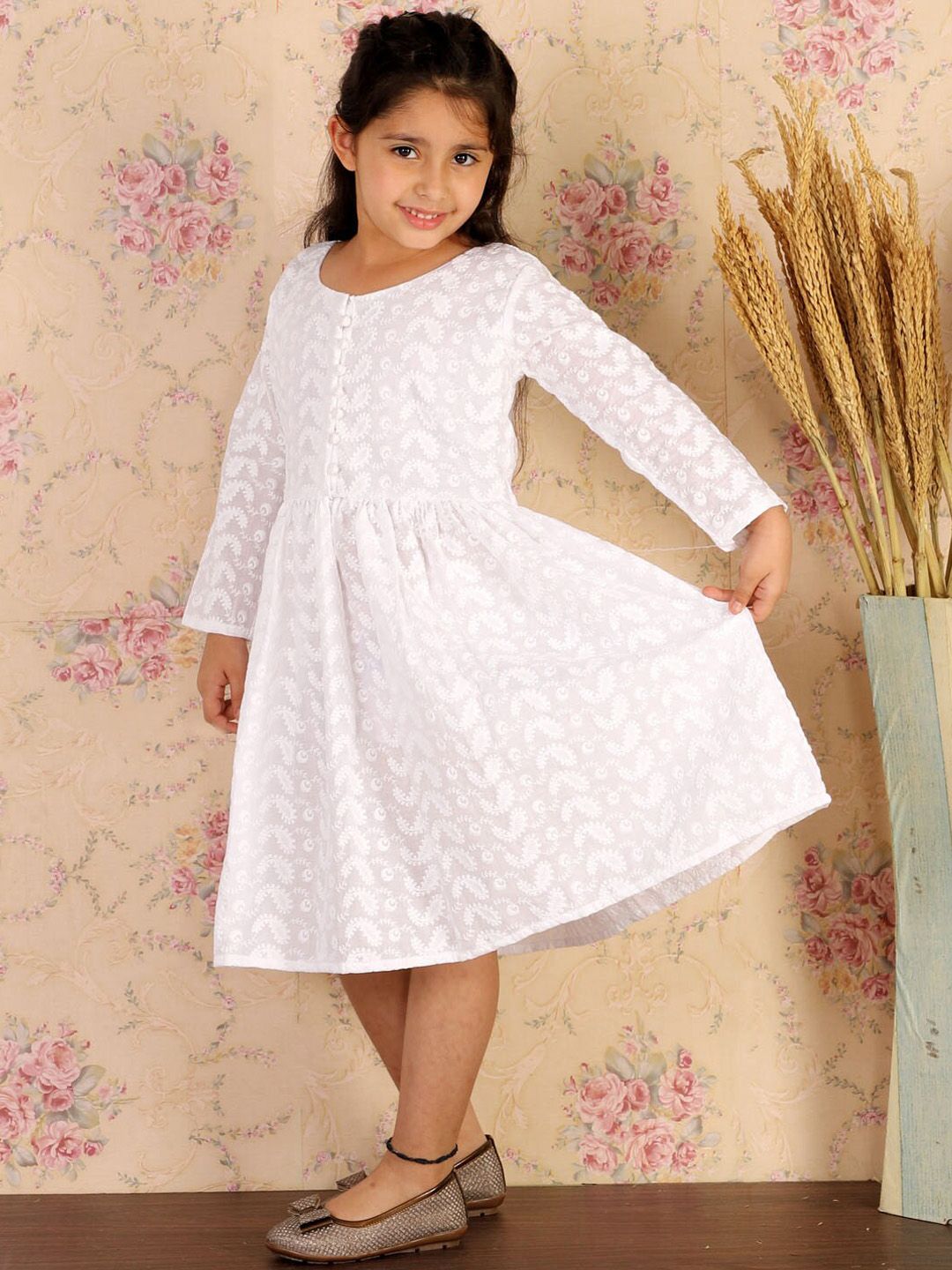 Girls White Chikankari Cotton Ethnic Dress 5