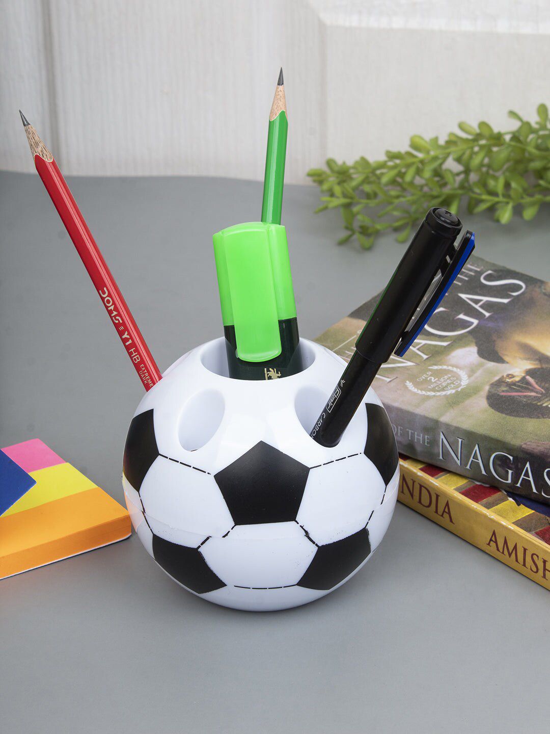 MARKET99 White & Black Football-Shaped Plastic Pen Stand