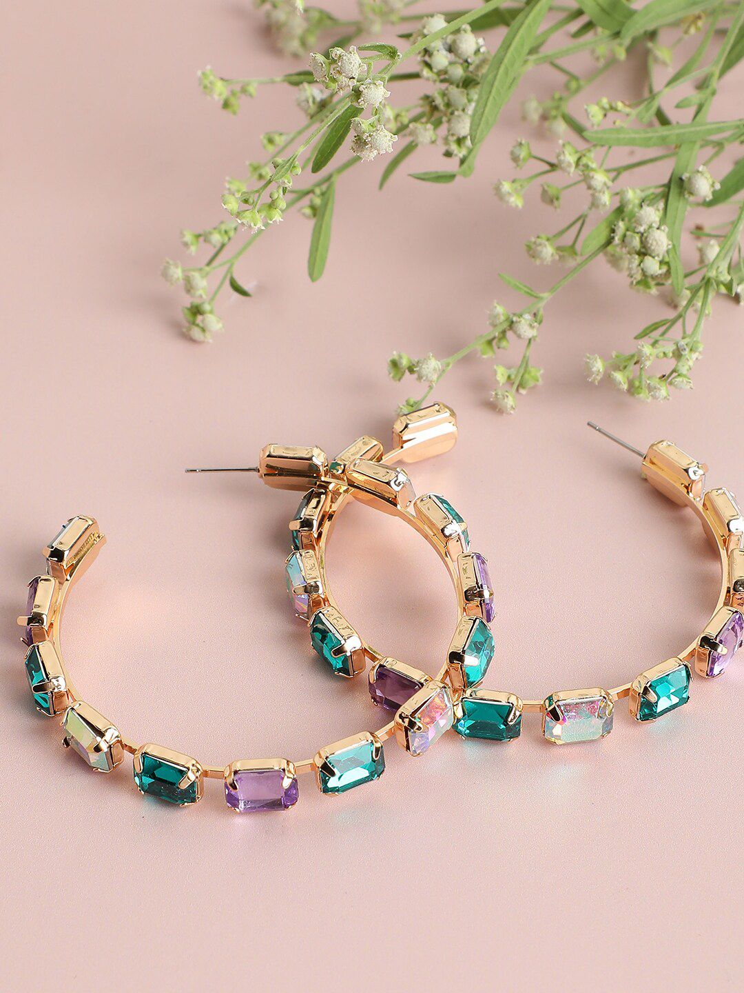 Buy SOHI Gold Plated Half Green Stones Hoop Earrings -  - Accessories for Women