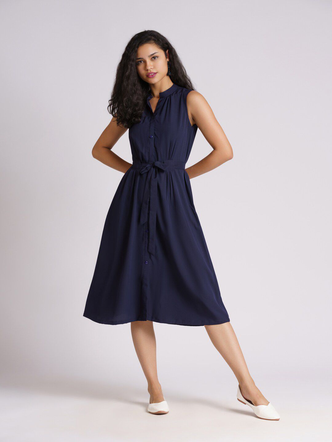 AASK Navy Blue Solid Crepe Sleeveless Belted A-Line Dress