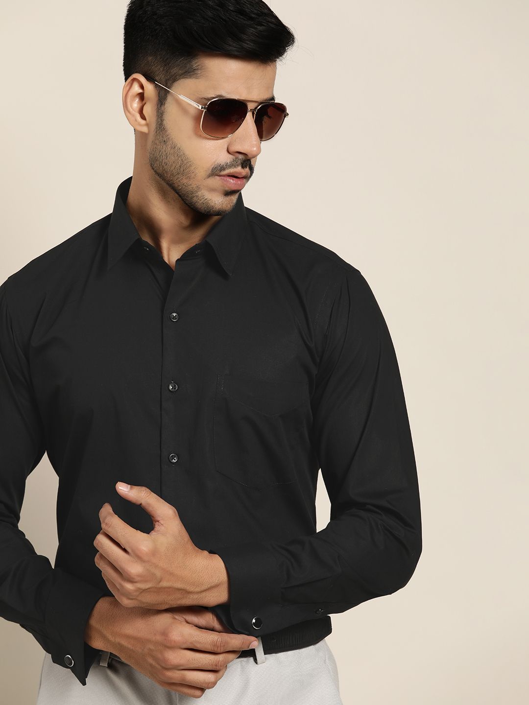 Hancock Men Black Solid Slim Fit French Cuff Pure Cotton Formal Shirt