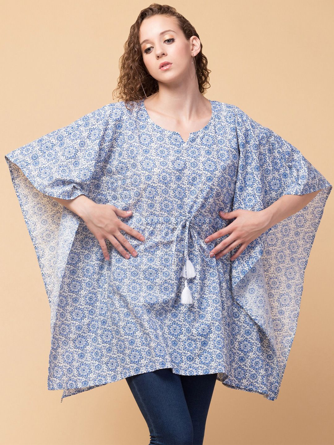 Hive91 Blue & White Printed Longline Kaftan Top